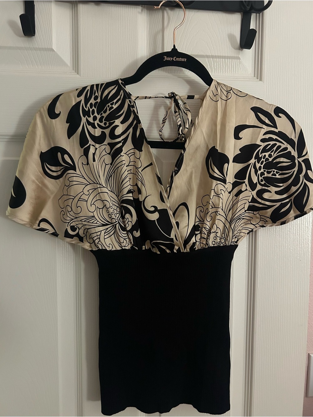 bebe Cream and Black Floral Silk Tie-Back Blouse - Picture 6 of 6